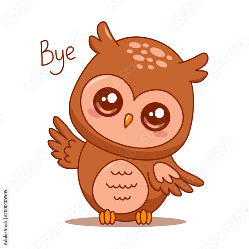 Cute owl waving goodbye cartoon character vector isolated on white