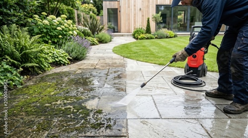 Pressure washing garden pavers in outdoor maintenance scene, strong contrast between dirty and freshly cleaned stone surface, visible water spray, exterior care, seasonal cleanup service.