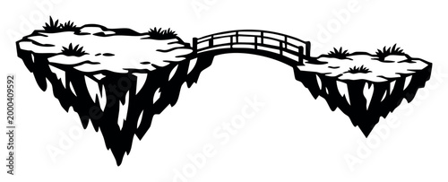 Floating islands connected by a bridge, symbolizing a link between different elements, progress, and reaching goals