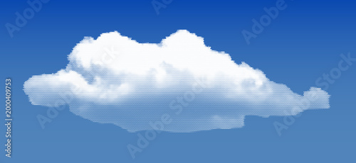 Dotted halftone cloud on blue sky background, vector white dotted retro abstract cloudscape for collages