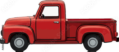 Classic red vintage pickup truck illustration isolated on a white background, showcasing a side profile of an old-fashioned farm vehicle