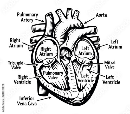 Human heart diagram illustrating internal chambers, major blood vessels, and valves essential for the circulatory system function