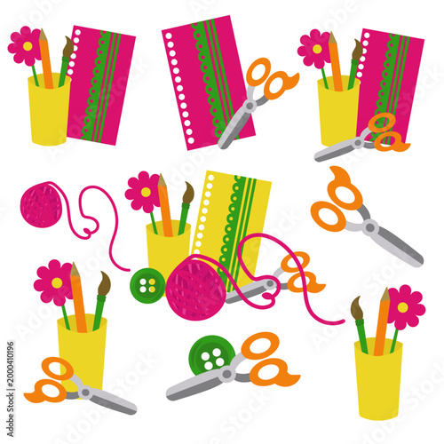 Vector flat illustration set of various hobby and craft materials