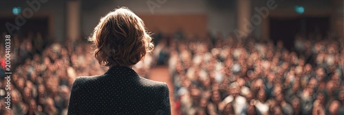 Woman speaking to large audience in a conference hall