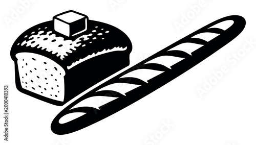 Bread loaf with a pat of butter and a classic baguette on a plain background, depicting fresh baked goods