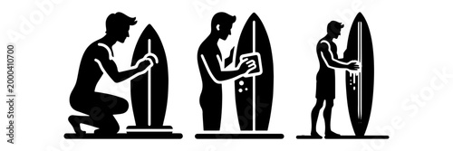 Surfer Cleaning Surfboard Preparation Before Surfing Activity.