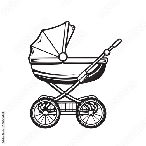 Vintage baby carriage with large wheels and canopy design