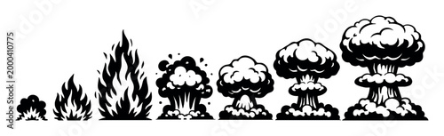 Explosion sequence showing the growth of fire and smoke, evolving into mushroom clouds, depicting war and destruction