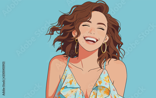 Joyful young woman laughing happily in casual summer outfit