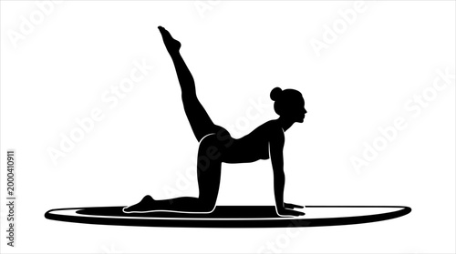Silhouette of a woman performing a challenging yoga or Pilates pose, demonstrating balance and core strength on a fitness board