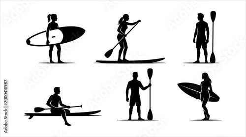 Diverse Paddleboarders Silhouettes Engaging in Various Water Sports Activities Vector Set