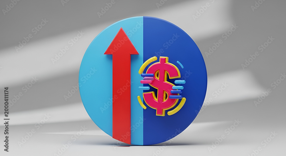 Naklejka premium 3D Rendering of a Growing Financial Market with Upward Arrow and Dollar Sign.