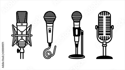 Set of four vector microphones illustration in black and white
