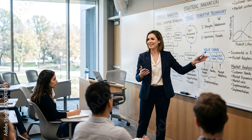 Confident female instructor presenting a business strategy diagram on a whiteboard to engaged students in a modern classroom