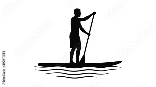 Dynamic silhouette of a person stand-up paddleboarding on calm water, showcasing an active outdoor water sport