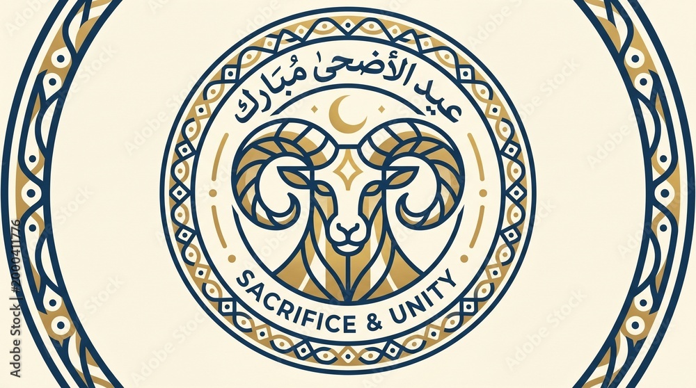 Obraz premium Eid al-Adha Mubarak emblem with ram head, crescent moon, Arabic calligraphy, geometric border, symbolizing sacrifice, unity, and devotion.