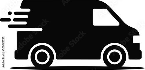 Black and white silhouette of a fast moving delivery van with motion speed lines on the side, representing rapid courier services, express shipping, and logistics transportation on white background