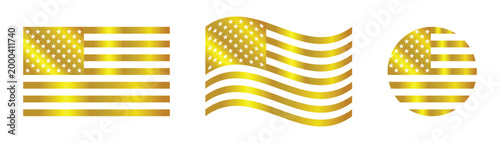 Golden American Flag Icon Set Luxury Gold USA Flag Symbols in Flat Wave and Circle Shapes.
