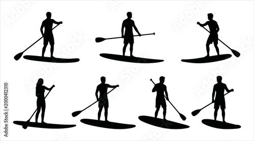 Silhouette illustrations of people paddleboarding on water