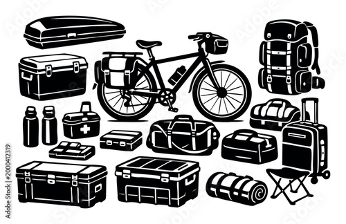 Essential gear for outdoor travel, camping, and adventure, comprised of a bicycle, backpacks, and travel bags