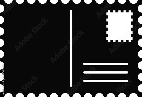 A black and white of the back side of a postcard featuring a stamp area in the corner and three horizontal lines for the address, isolated on a white background, representing mail concepts