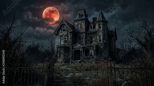 Haunted abandoned Victorian mansion ruins under a dramatic blood red moon at night