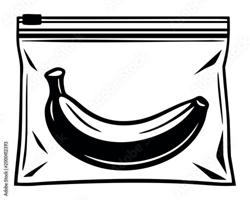 Banana packaged in a zipper plastic bag, representing fresh fruit preservation and healthy food storage. Vector black and white icon