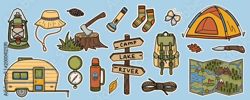 Camping and outdoor gear doodle vintage stickers collection. Tent, map, camper van, socks, lantern, sign, rope, compass, backpack hand drawn vector illustrations set.
