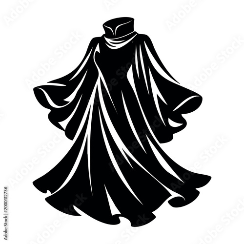 Silhouette of a dark cloak or robe against a white background, evoking themes of enchantment, intrigue, wonder, and dress-up