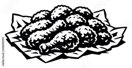Fried chicken drumsticks and wings in a pile on crumpled paper. Monochrome silhouette illustration representing crispy fast food or snack
