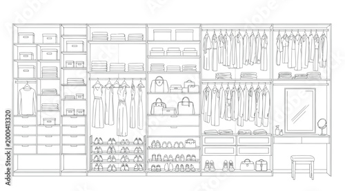 Large walkin closet interior design, wardrobe with clothes, shoes, accessories and vanity table, vector illustration