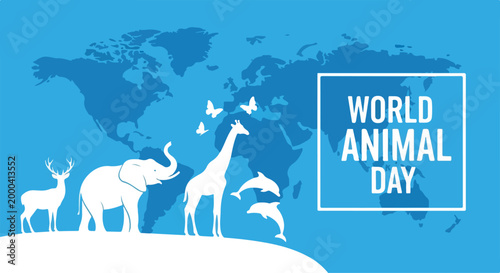 Celebration of World Animal Day with silhouettes of various animals including elephant giraffe and dog on blue
