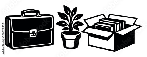 Office items depicting concepts like job termination, career change, moving, business relocation, or starting a new venture