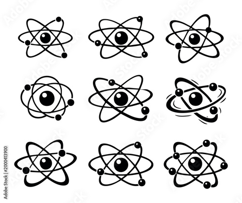 Nine atom icons with electrons orbiting a central nucleus, illustrating concepts of science, education, and technology