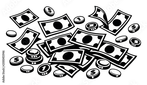 Falling banknotes and coins as a pile, representing concepts of currency, wealth, financial growth, investment, and profitable income