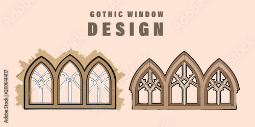 Gothic window design with brown frames