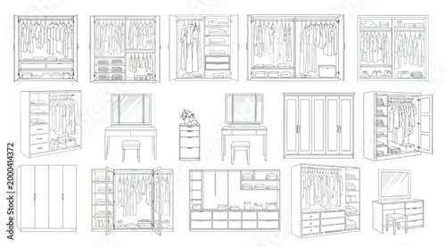 Collection of wardrobe and closet interior designs, line art style