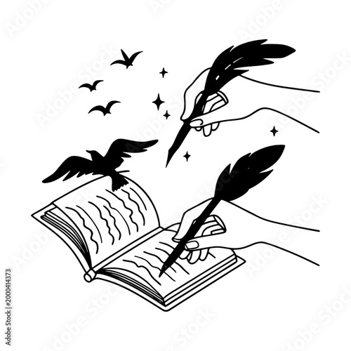 Black and white open book illustration with quill pens, flying birds, and imaginative storytelling concept