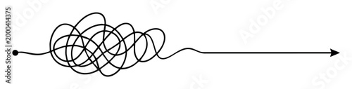 Chaotic, tangled line transforming into a straight arrow, representing problem solving, clarity, and finding a direct path