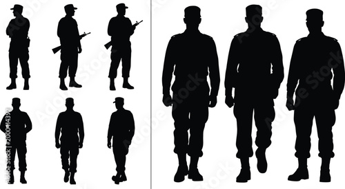 Photos Military soldier silhouettes collection featuring armed guards and walking troop
