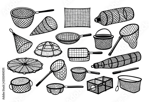 Fishing gear, nets, and traps for catching fish and marine animals, creating a comprehensive set of angling tools