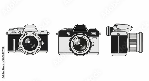 Illustration of cameras featuring DSLR, film, and point-and-shoot types in a neutral environment from a frontal viewpoint