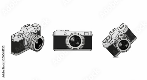 Cameras showcased from different viewpoints in a simple environment with a frontal view of a sleek camera and side views of two other cameras