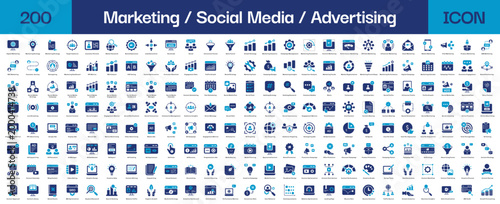 200 Marketing and Social Media Solid Icon Set, Digital Advertising, SEO, Blog, Content and Business Growth Strategy Vectors for Web and Mobile UI Collection