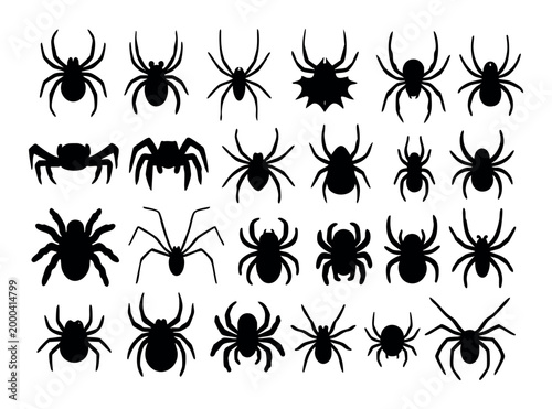Silhouettes of dark spiders showcasing a variety of arachnid forms. Perfect for Halloween decor and eerie-themed projects