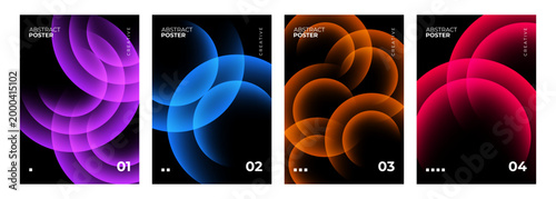 Set of futuristic abstract posters. Blurred spheres. Vibrant colored circles. Neon color gradient round shapes for creative graphic design. Vector illustration.