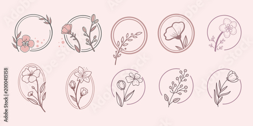 Floral line art circle icons with leaves and flowers