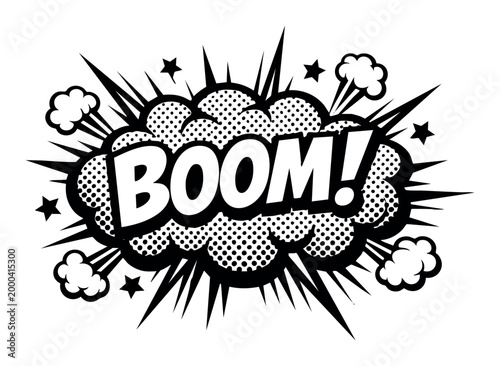 Comic book style speech bubble with BOOM text exploding, conveying action, impact, sound effect, and surprise expression