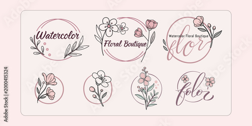 Watercolor floral boutique logo and icon set