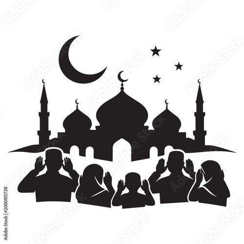 Black silhouette of mosque with domes and minarets under crescent moon and stars, with six worshippers raising hands in prayer.